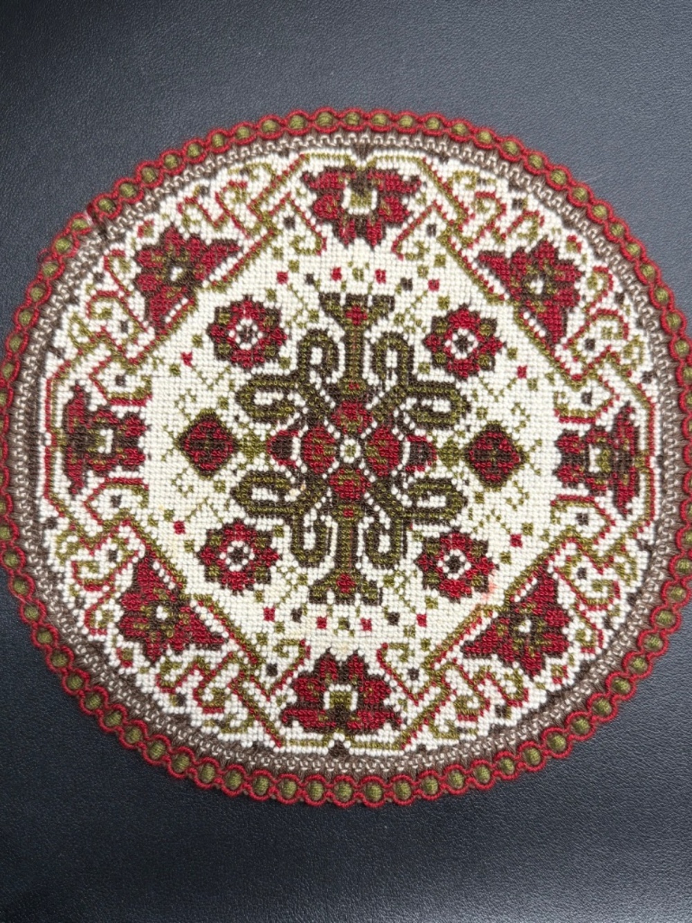 Tapestry Doily 9" Round Floral Medallion w Scalloped Edge Mid Century Belgium
